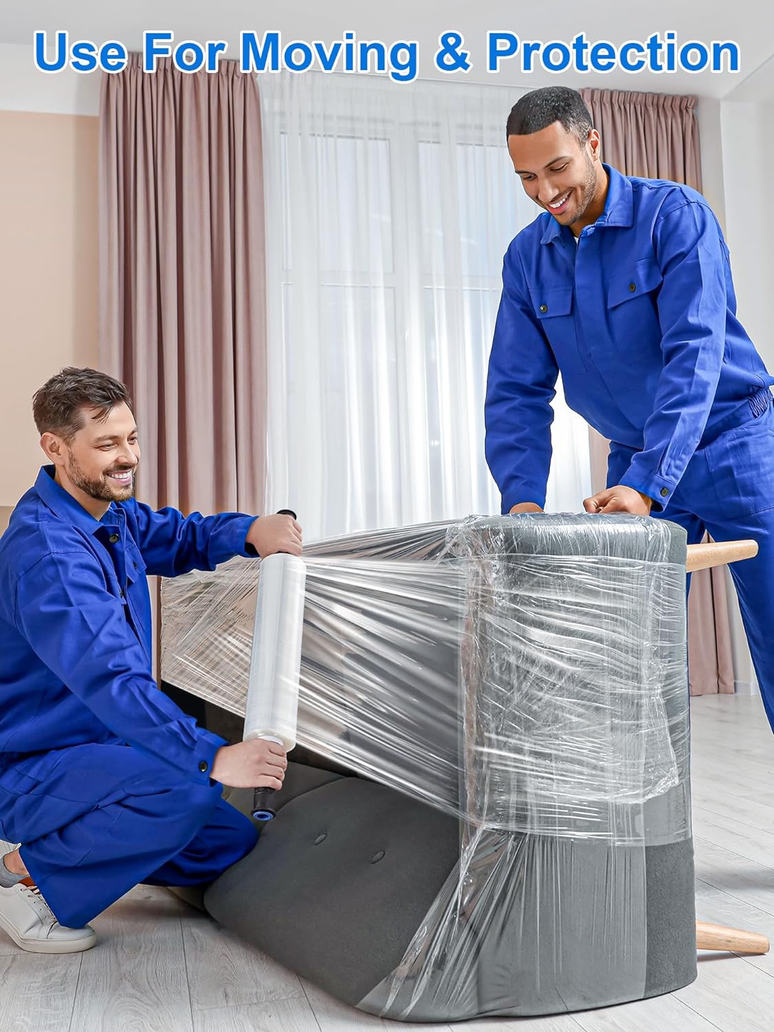 Professional movers wrapping furniture